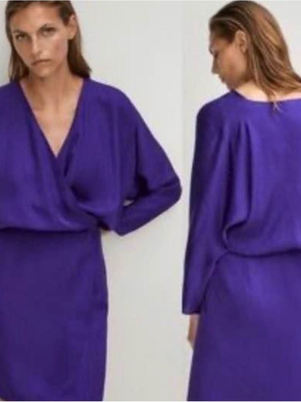 Massimo Dutti Violet Wrap-Front Long Sleeve Midi Dress